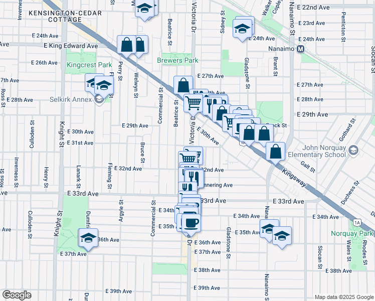 map of restaurants, bars, coffee shops, grocery stores, and more near 4723 Victoria Drive in Vancouver