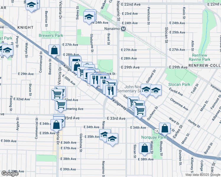 map of restaurants, bars, coffee shops, grocery stores, and more near 2257 Kingsway in Vancouver