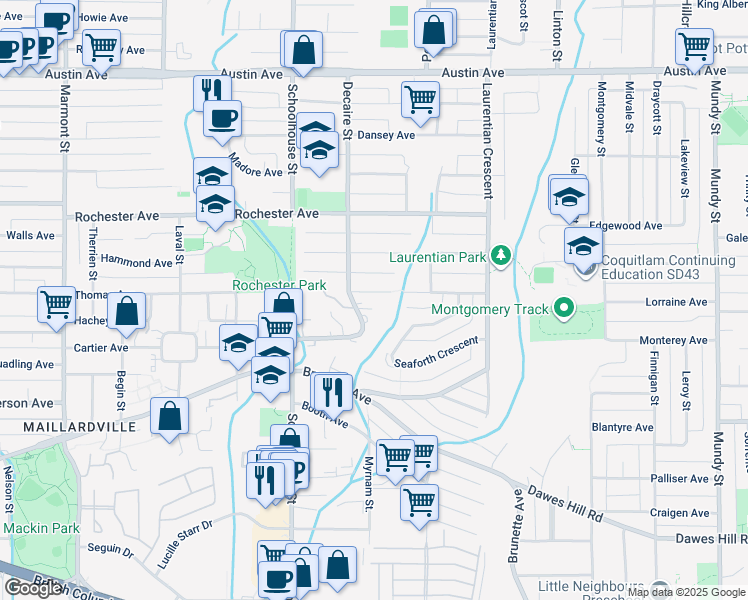 map of restaurants, bars, coffee shops, grocery stores, and more near 1570 Thomas Avenue in Coquitlam