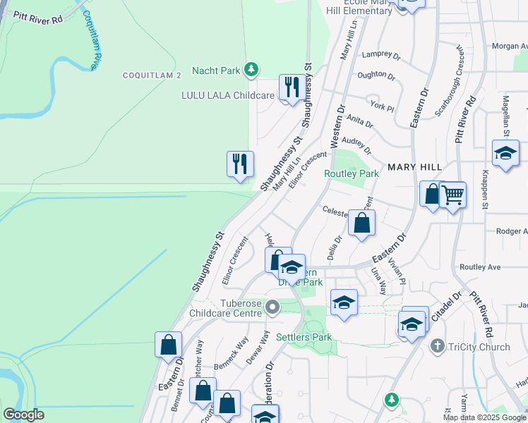 map of restaurants, bars, coffee shops, grocery stores, and more near 1525 Elinor Crescent in Port Coquitlam