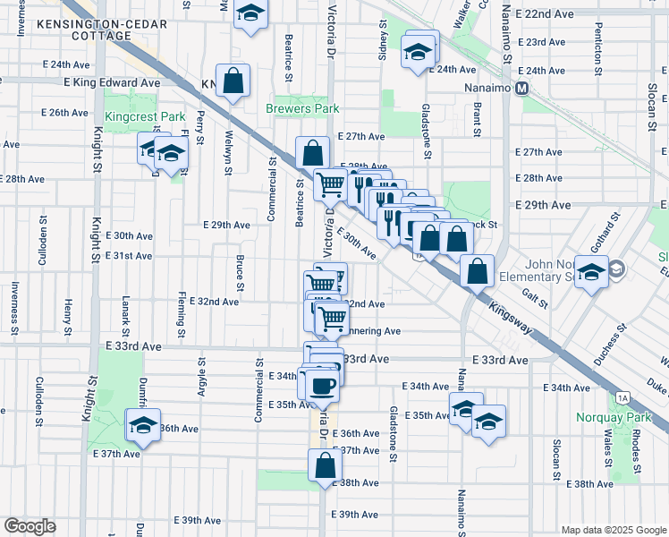 map of restaurants, bars, coffee shops, grocery stores, and more near 4712 Victoria Drive in Vancouver