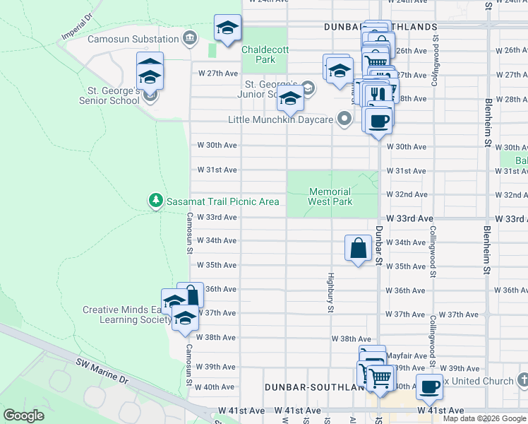map of restaurants, bars, coffee shops, grocery stores, and more near 3949 West 33rd Avenue in Vancouver