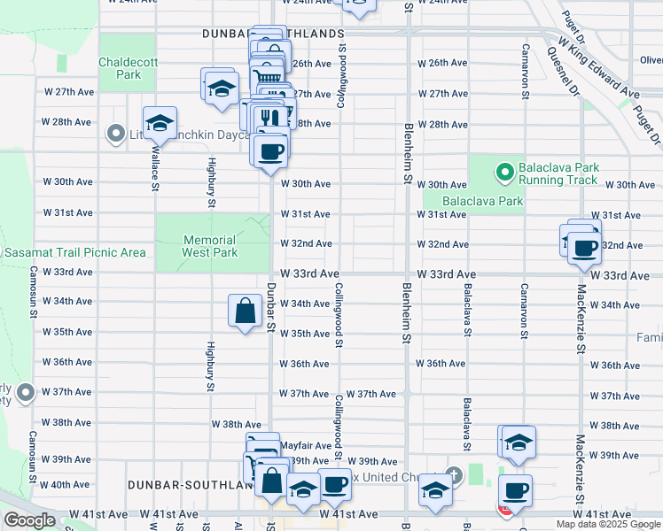 map of restaurants, bars, coffee shops, grocery stores, and more near 4879 Collingwood Street in Vancouver