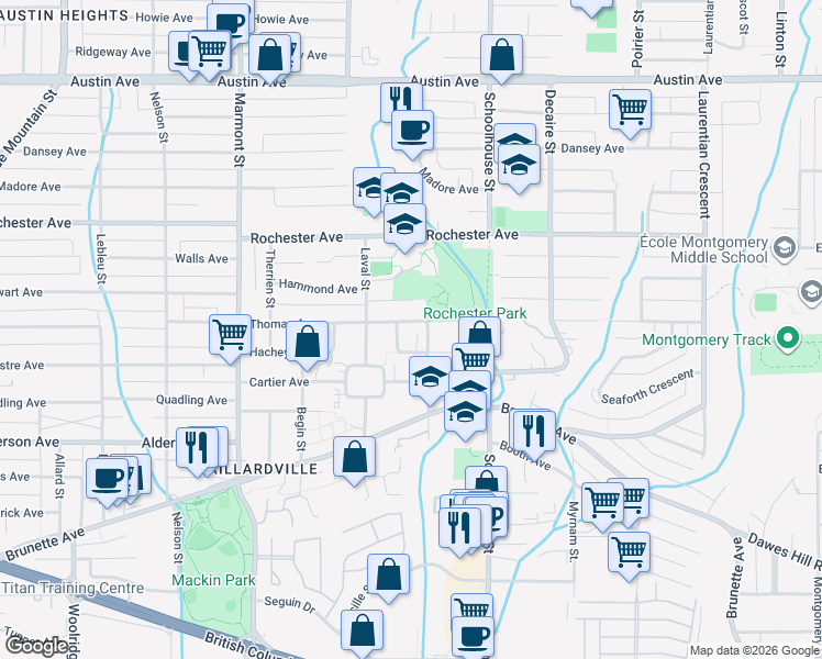 map of restaurants, bars, coffee shops, grocery stores, and more near 1314 Thomas Avenue in Coquitlam