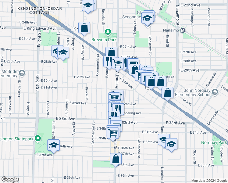 map of restaurants, bars, coffee shops, grocery stores, and more near 4721 Victoria Drive in Vancouver