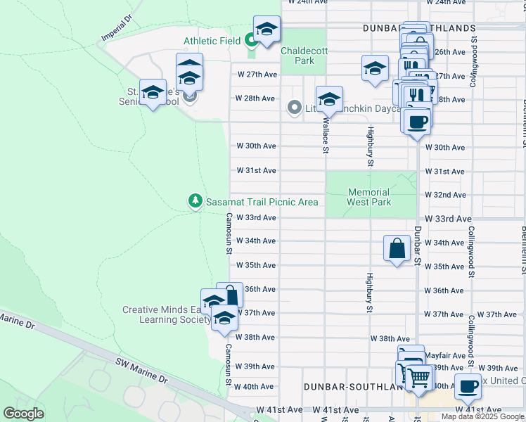 map of restaurants, bars, coffee shops, grocery stores, and more near 4027 West 33rd Avenue in Vancouver