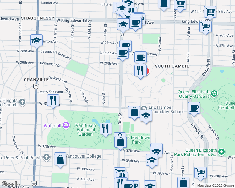 map of restaurants, bars, coffee shops, grocery stores, and more near 4777 Oak Street in Vancouver