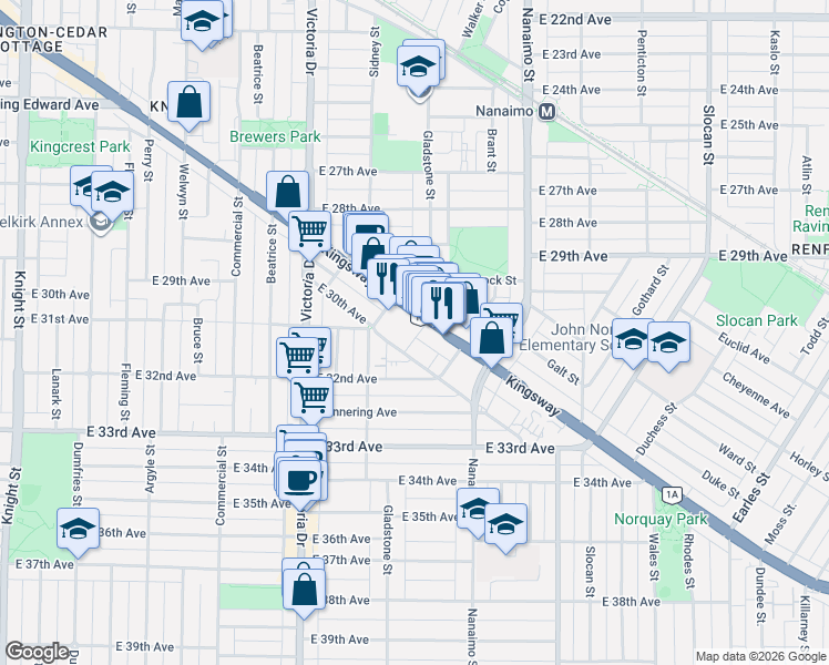 map of restaurants, bars, coffee shops, grocery stores, and more near 2220 Kingsway in Vancouver