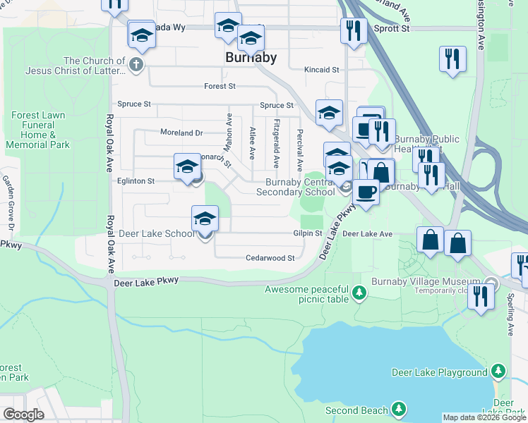 map of restaurants, bars, coffee shops, grocery stores, and more near 5734 Eglinton Street in Burnaby
