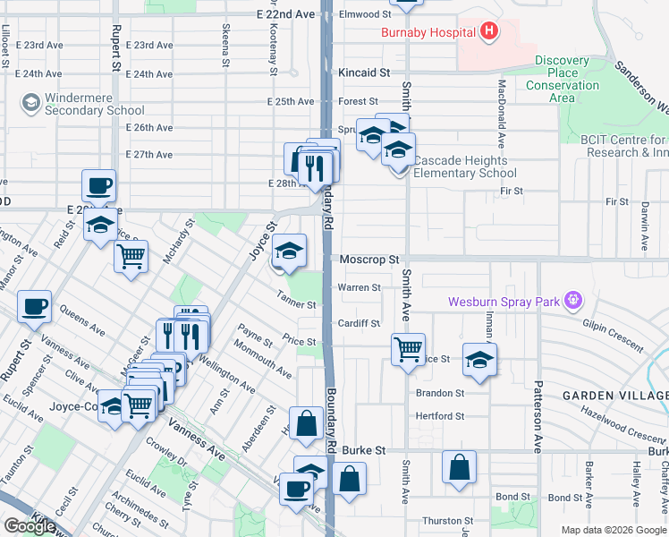 map of restaurants, bars, coffee shops, grocery stores, and more near 4720 Boundary Road in Burnaby