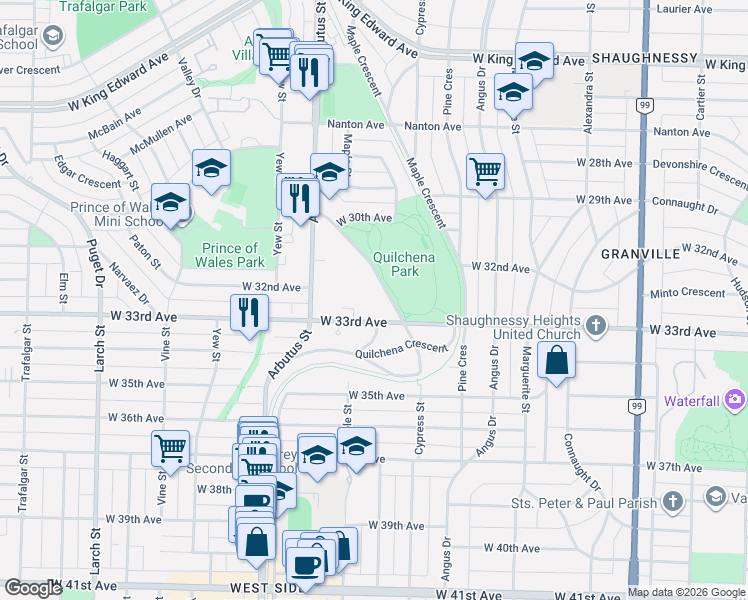 map of restaurants, bars, coffee shops, grocery stores, and more near 4885 Valley Drive in Vancouver