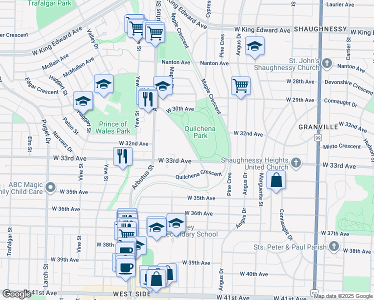 map of restaurants, bars, coffee shops, grocery stores, and more near 4885 Valley Drive in Vancouver