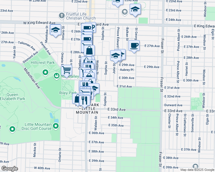 map of restaurants, bars, coffee shops, grocery stores, and more near in Vancouver