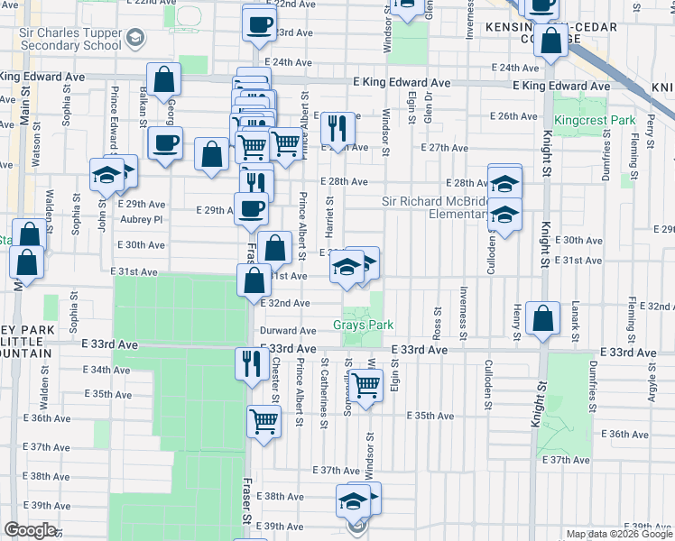 map of restaurants, bars, coffee shops, grocery stores, and more near 4691 Saint Catherines Street in Vancouver