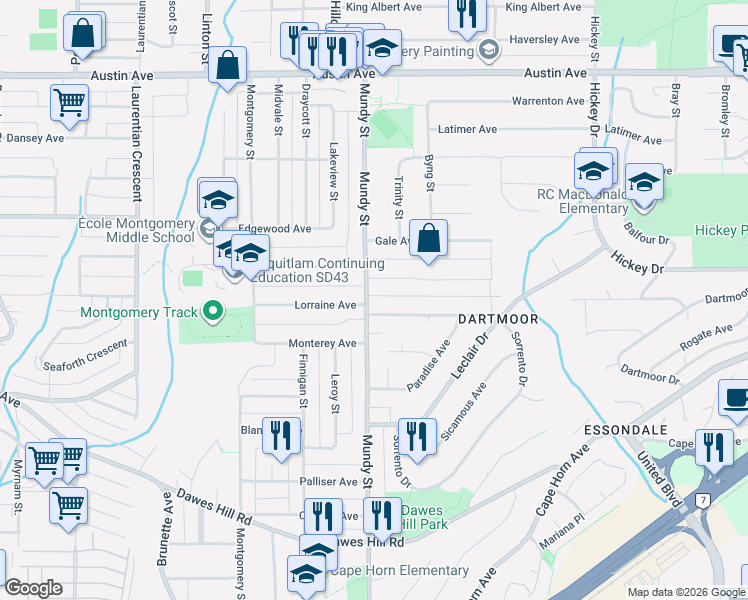map of restaurants, bars, coffee shops, grocery stores, and more near 369 Mundy Street in Coquitlam