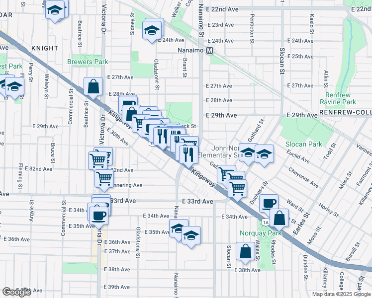 map of restaurants, bars, coffee shops, grocery stores, and more near 2366 Galt Street in Vancouver