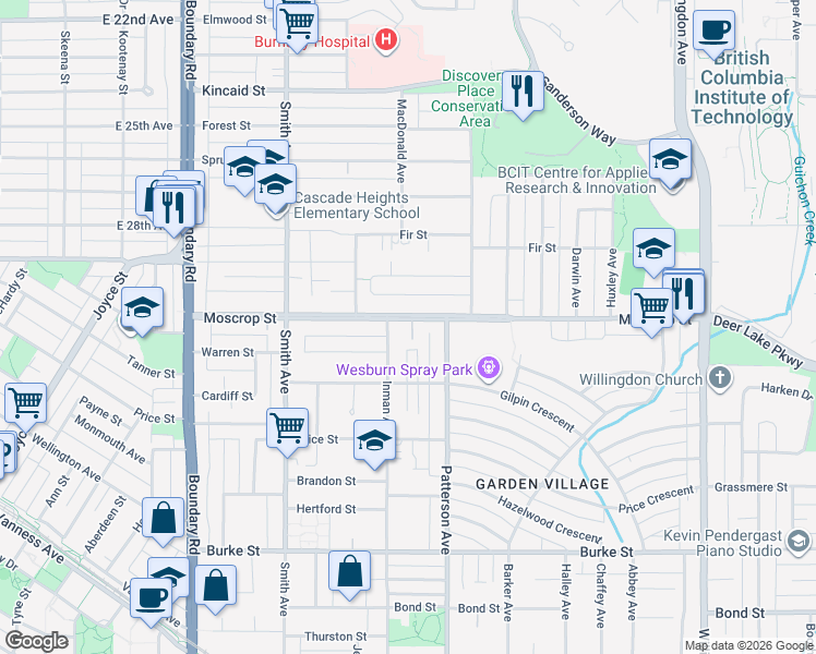map of restaurants, bars, coffee shops, grocery stores, and more near 4036 Moscrop Street in Burnaby