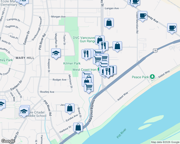 map of restaurants, bars, coffee shops, grocery stores, and more near 1533 Broadway Street in Port Coquitlam