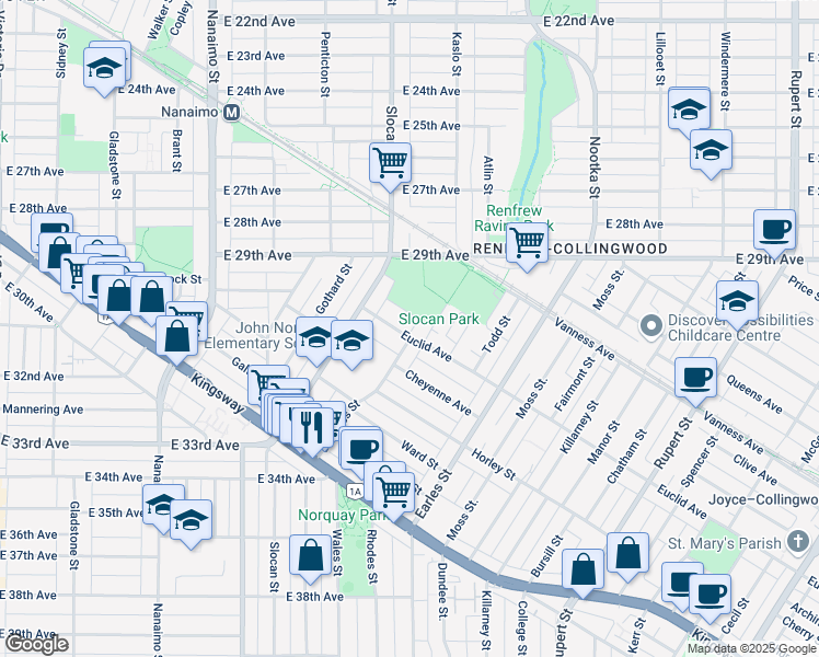 map of restaurants, bars, coffee shops, grocery stores, and more near 2775 Euclid Avenue in Vancouver