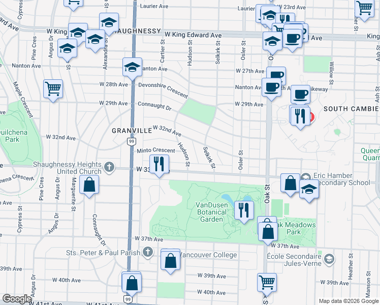 map of restaurants, bars, coffee shops, grocery stores, and more near 4810 Hudson Street in Vancouver