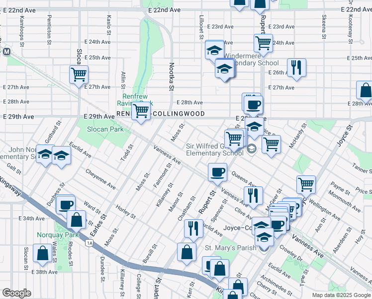 map of restaurants, bars, coffee shops, grocery stores, and more near 3095 Kings Avenue in Vancouver