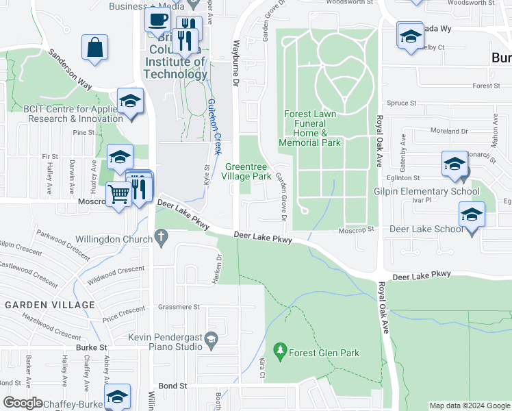 map of restaurants, bars, coffee shops, grocery stores, and more near 4770 Fernglen Drive in Burnaby