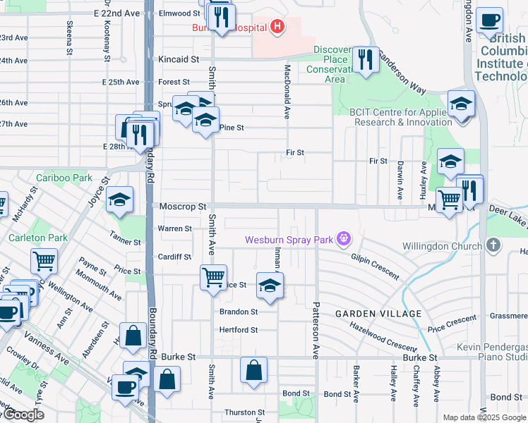 map of restaurants, bars, coffee shops, grocery stores, and more near 3952 Moscrop Street in Burnaby