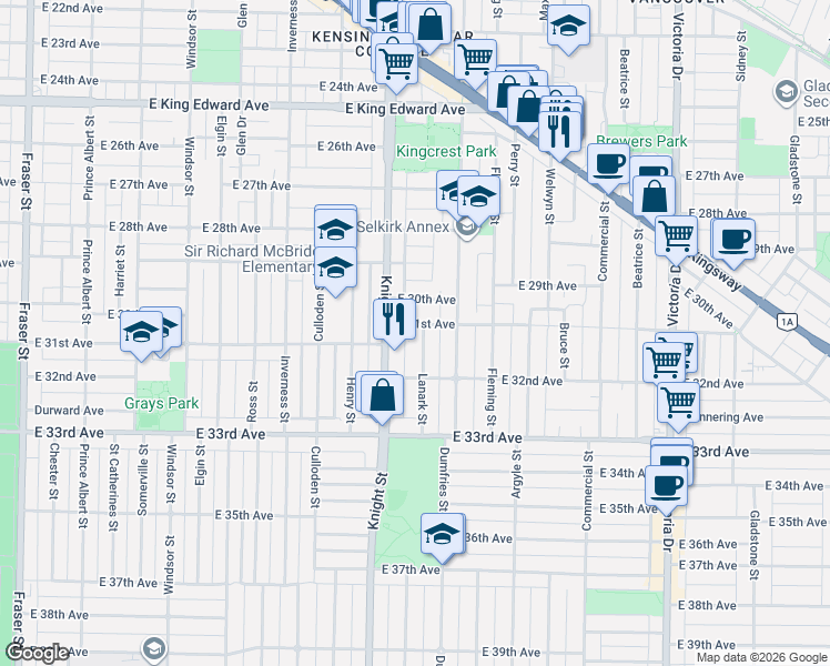 map of restaurants, bars, coffee shops, grocery stores, and more near 4717 Lanark Street in Vancouver