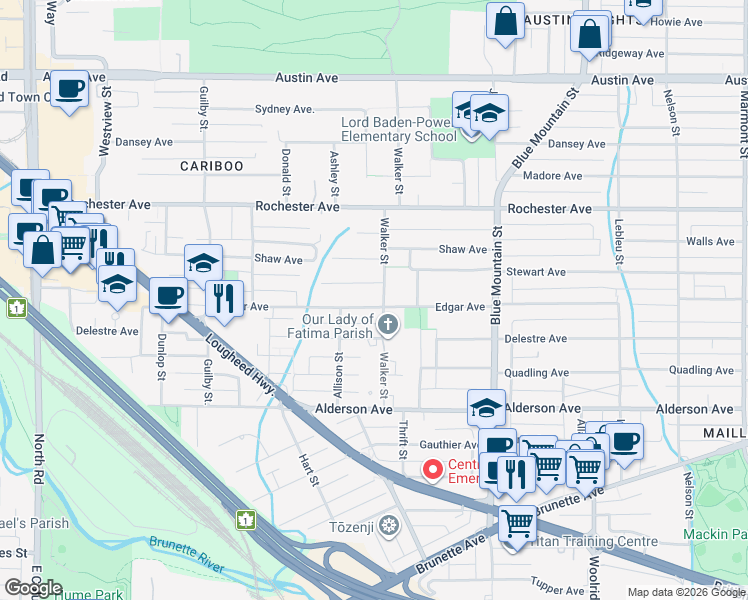 map of restaurants, bars, coffee shops, grocery stores, and more near 767 Edgar Avenue in Coquitlam