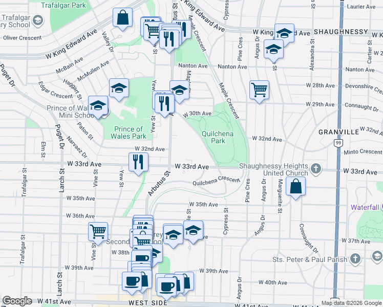 map of restaurants, bars, coffee shops, grocery stores, and more near 4883 Maclure Mews in Vancouver
