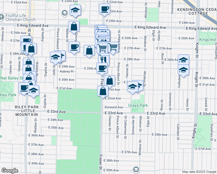 map of restaurants, bars, coffee shops, grocery stores, and more near 727 East 31st Avenue in Vancouver
