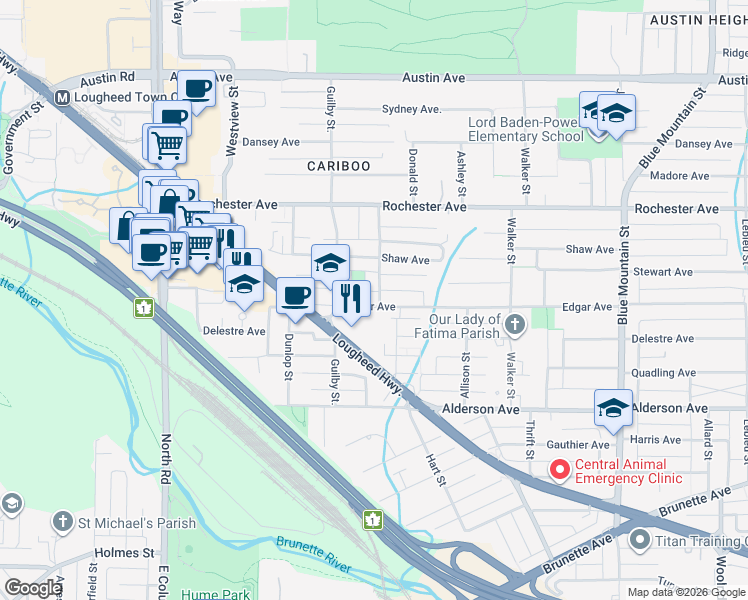map of restaurants, bars, coffee shops, grocery stores, and more near 51 Pembroke Avenue in Coquitlam