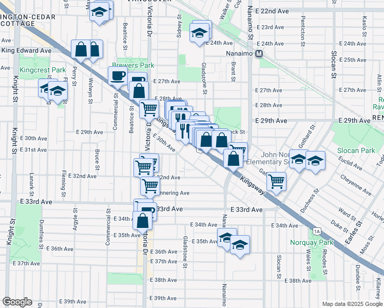 map of restaurants, bars, coffee shops, grocery stores, and more near in Vancouver