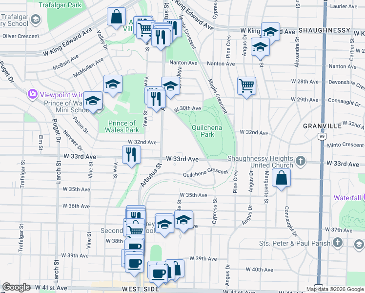 map of restaurants, bars, coffee shops, grocery stores, and more near in Vancouver