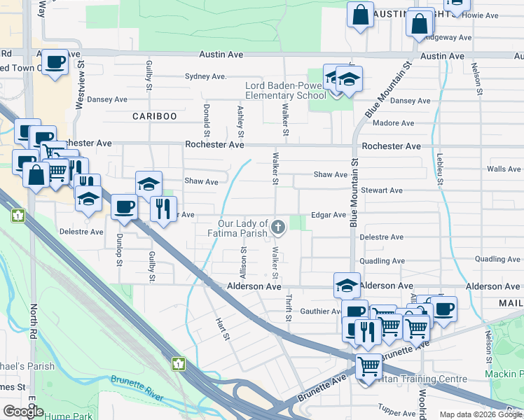 map of restaurants, bars, coffee shops, grocery stores, and more near 761 Edgar Avenue in Coquitlam