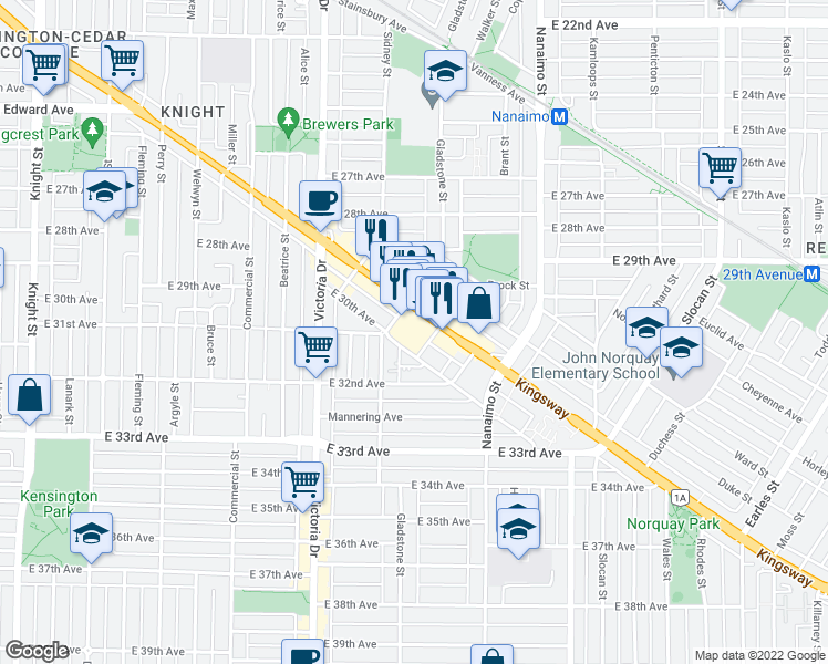 map of restaurants, bars, coffee shops, grocery stores, and more near 200-2211 Kingsway in Vancouver