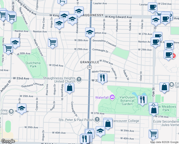 map of restaurants, bars, coffee shops, grocery stores, and more near 4793 Granville Street in Vancouver
