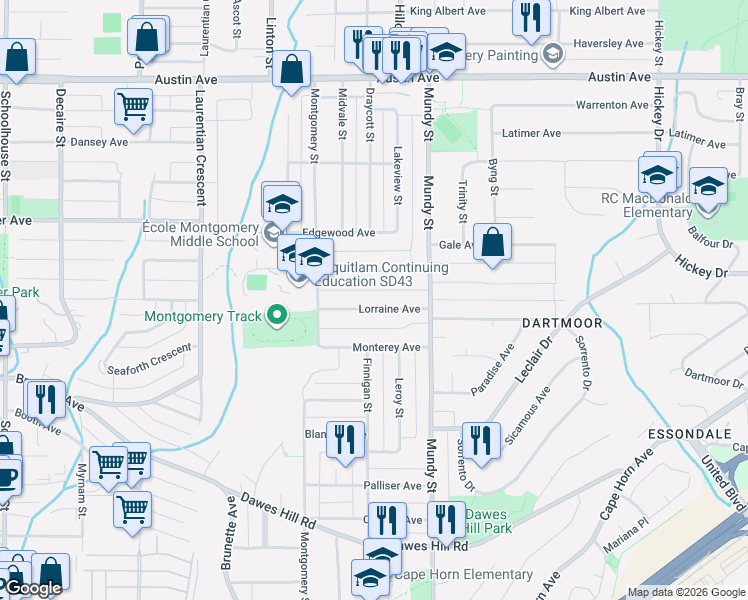 map of restaurants, bars, coffee shops, grocery stores, and more near 2101 Lorraine Avenue in Coquitlam