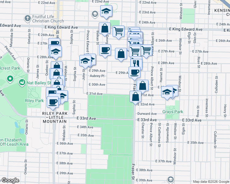 map of restaurants, bars, coffee shops, grocery stores, and more near 553 East 31st Avenue in Vancouver