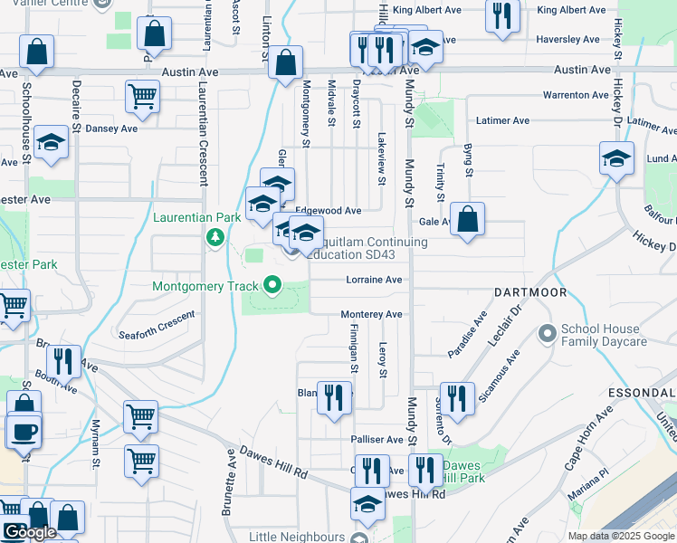 map of restaurants, bars, coffee shops, grocery stores, and more near 2057 Lorraine Avenue in Coquitlam