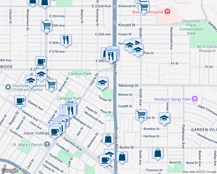 map of restaurants, bars, coffee shops, grocery stores, and more near 4680 Hoy Street in Vancouver
