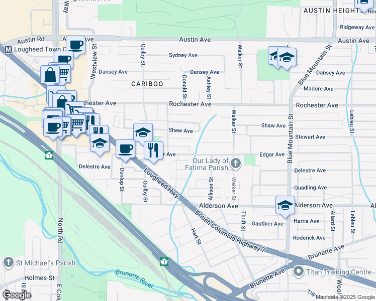 map of restaurants, bars, coffee shops, grocery stores, and more near 711 Edgar Avenue in Coquitlam