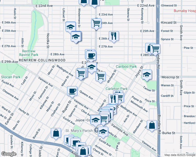 map of restaurants, bars, coffee shops, grocery stores, and more near 3345 Monmouth Avenue in Vancouver