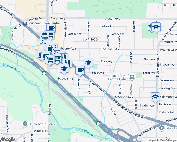map of restaurants, bars, coffee shops, grocery stores, and more near 619 Edgar Avenue in Coquitlam