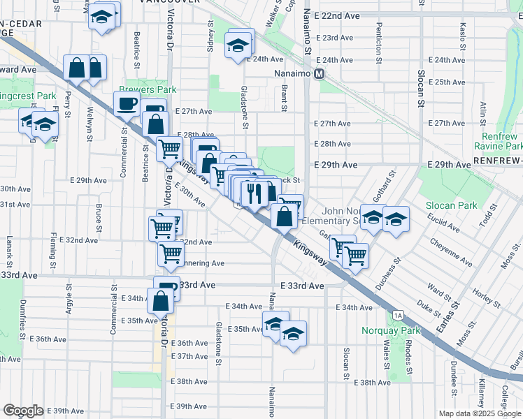 map of restaurants, bars, coffee shops, grocery stores, and more near 2251 Kingsway in Vancouver