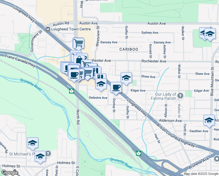 map of restaurants, bars, coffee shops, grocery stores, and more near 563 Lougheed Highway in Coquitlam