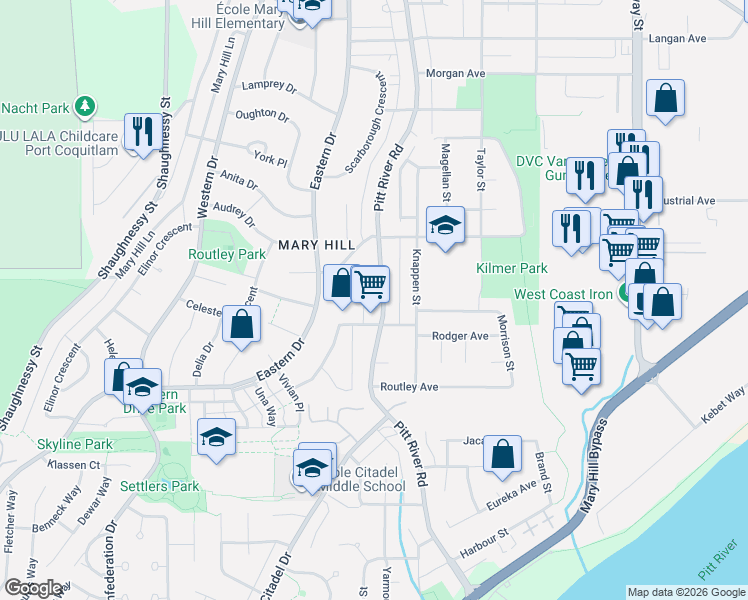 map of restaurants, bars, coffee shops, grocery stores, and more near 1524 Pitt River Road in Port Coquitlam