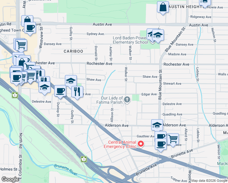 map of restaurants, bars, coffee shops, grocery stores, and more near 753 Edgar Avenue in Coquitlam