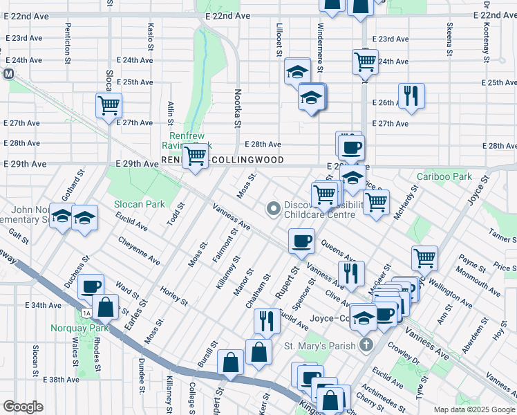 map of restaurants, bars, coffee shops, grocery stores, and more near 2440 Queens Avenue in Vancouver