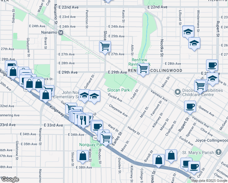 map of restaurants, bars, coffee shops, grocery stores, and more near 4655 Duchess Street in Vancouver